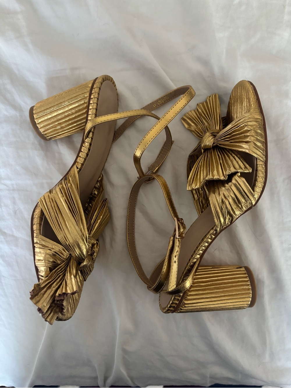 Gold Pleated Bow Block Heel Sandals - Women